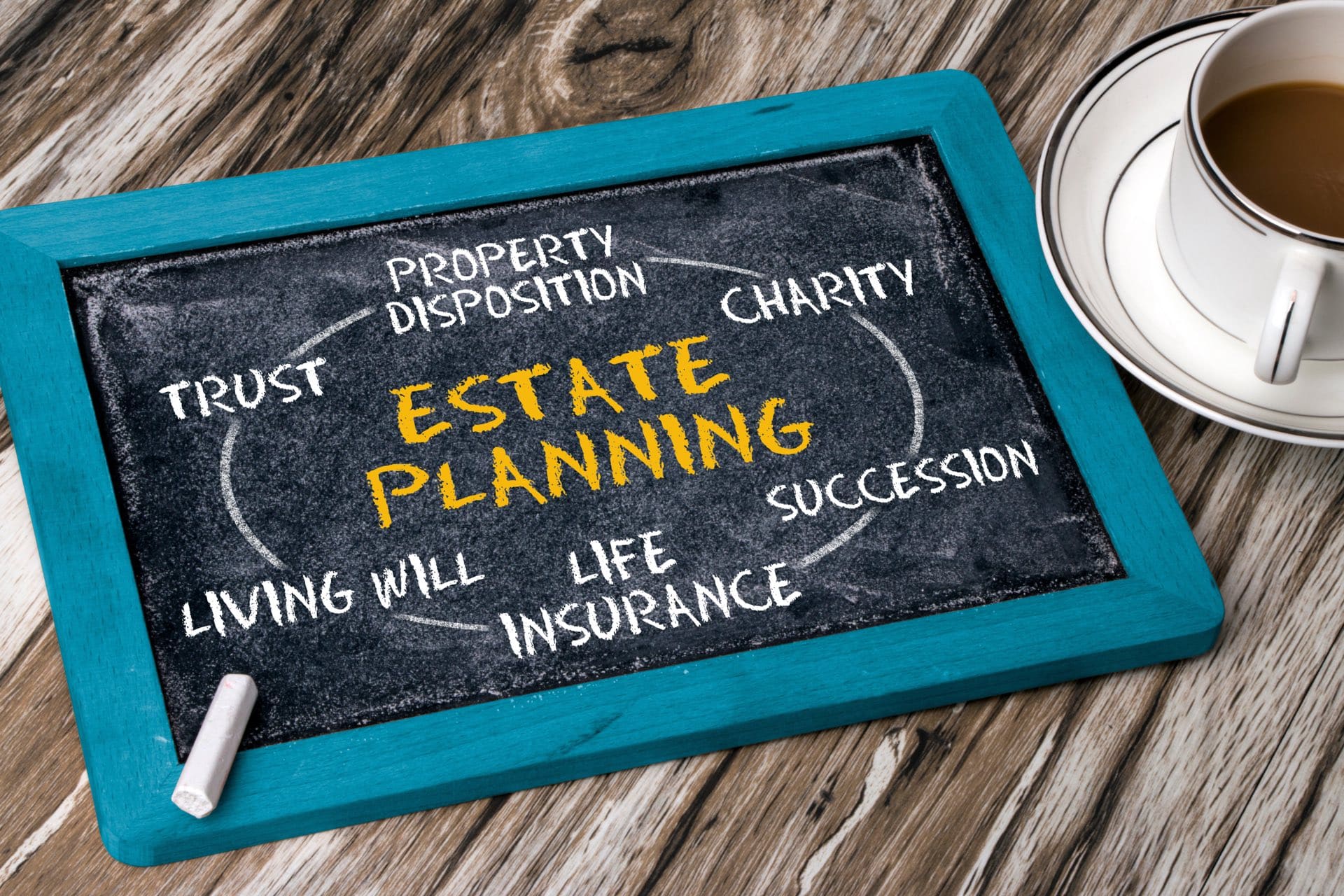 Cup of coffee next to a blackboard that has estate planning in the middle and words around it